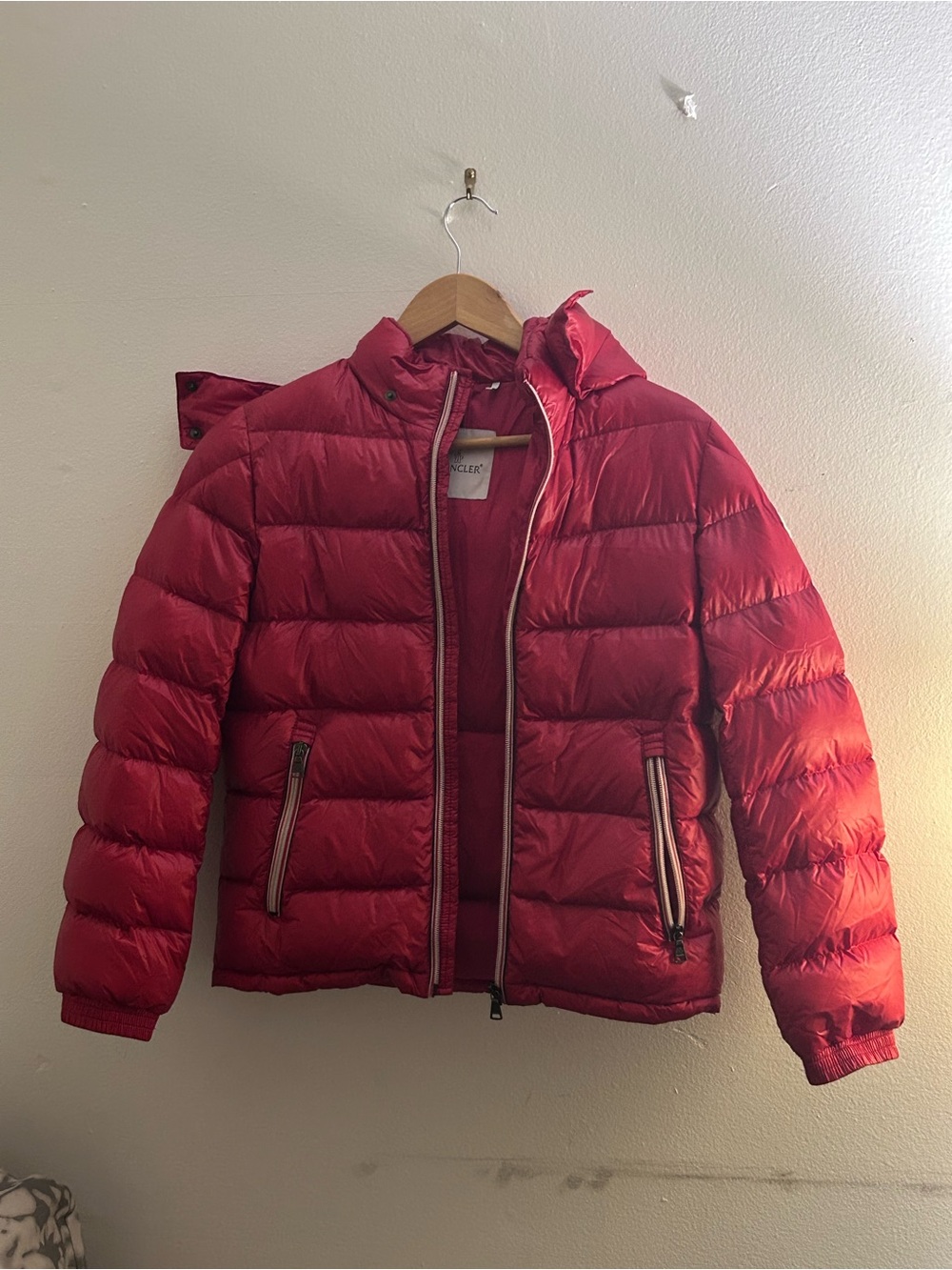 authentic Moncler Kids Red Quilted Puffer Jacket with Hood